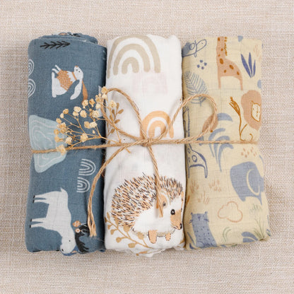 Elinfant 3 Pieces/Set Baby Swaddle Newborn Muslin Swaddle Blanket for Girls & Boys Soft Baby Bath Towel Cute Infants Baby Bibs