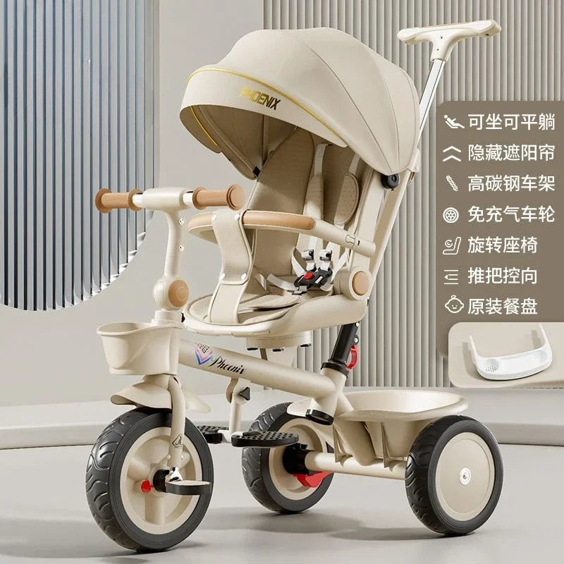 Premium Baby Tricycle 1-6 Years Old Kids Parent Push Handle Large Seat Adjustable Canopy Safety Belt Ride Outdoor Stroller Bike