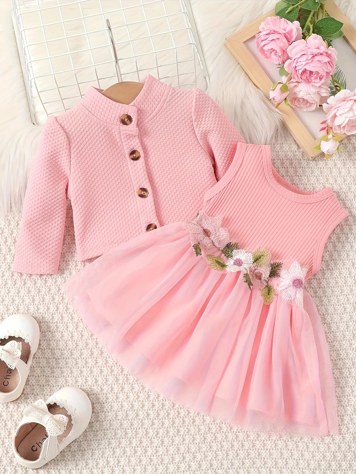 Baby Girl Dress Set 0–24M – Pink Petal Suspender Coat for Spring/Autumn