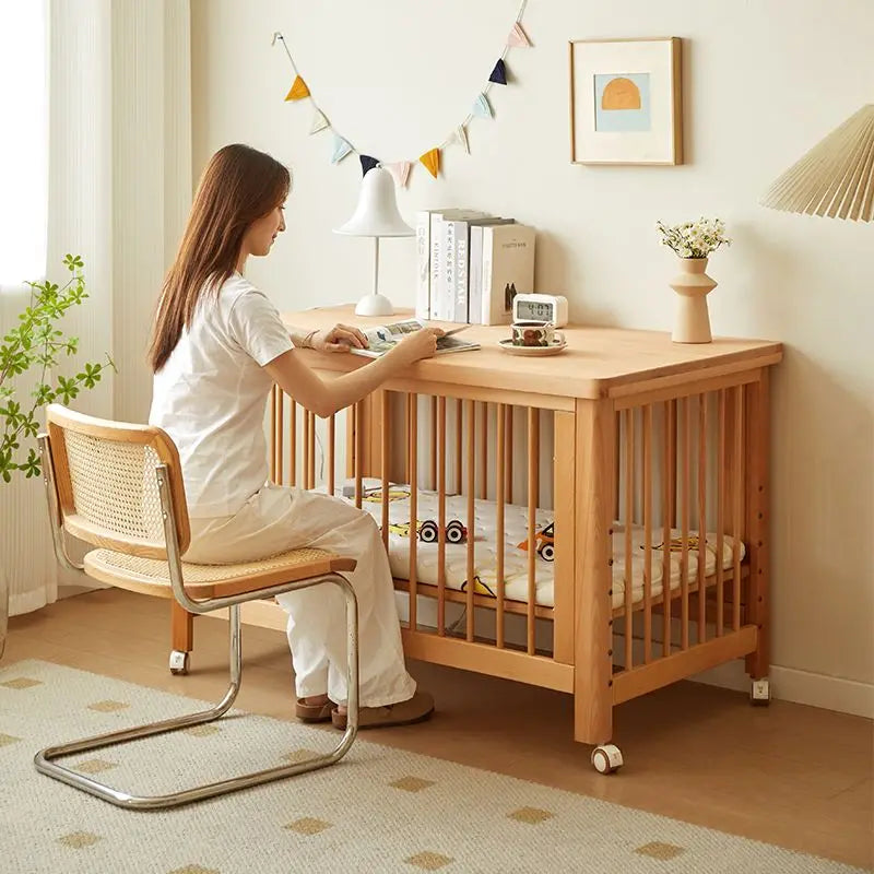 Adjustable Beechwood Baby Crib Convertible Bedside Sleeper with Guardrail Wheels Baby Bassinet Nest Bed Child Sleep with Wheels