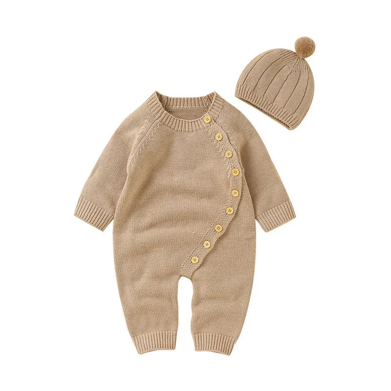 Combinaison en maille chaude à manches longues et col rond avec fermeture boutonnée, collection automne-hiver 2023, pour nouveau-né garçon ou fille, avec bonnet assorti.