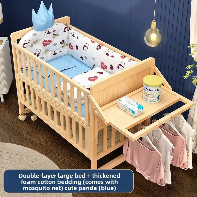 Solid Wood Baby Crib Convertible Toddler Bed Movable Newborn Bassinet Cradle Multi Functional Infant Bed For Babies Boys Girls
