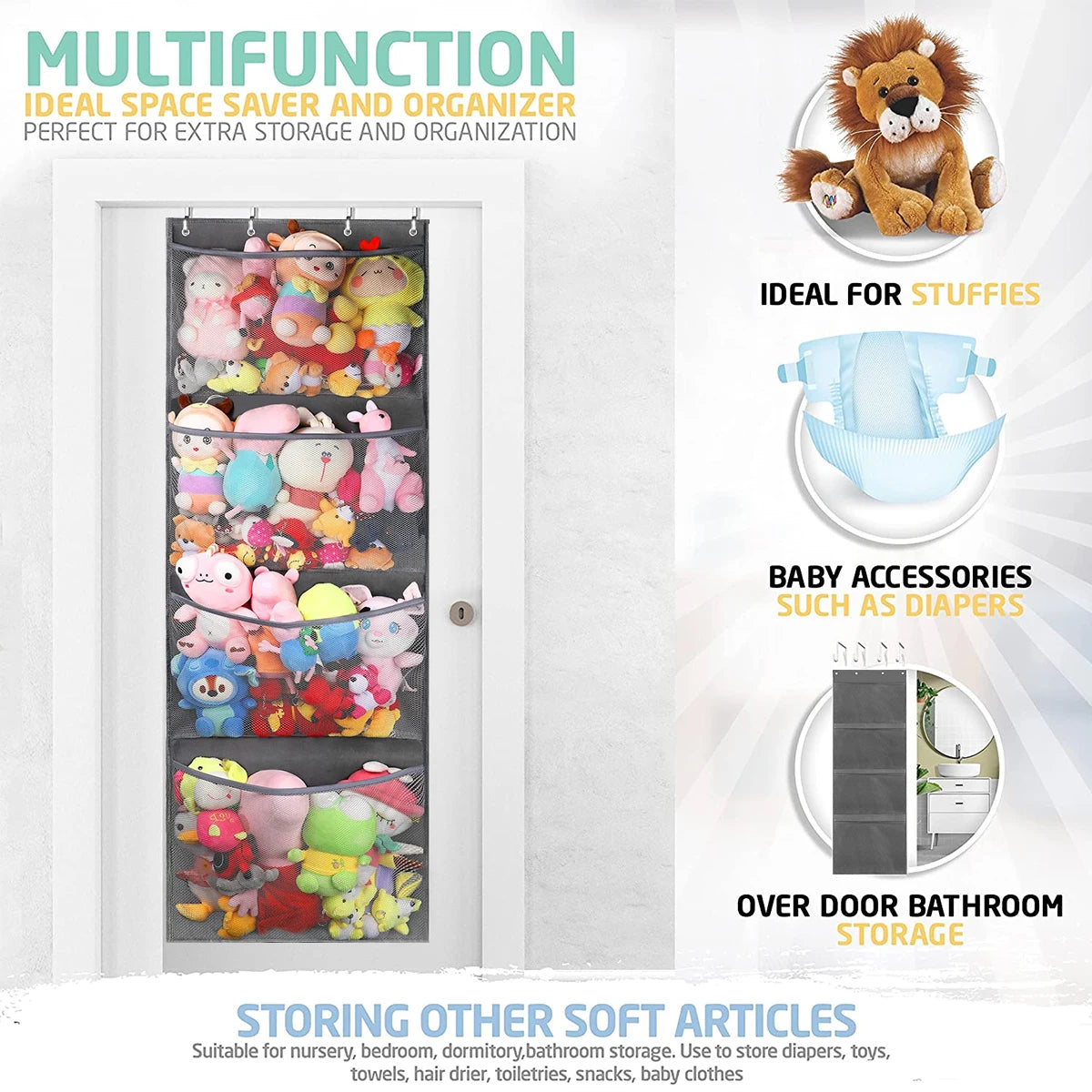 Stuffed Animal Storage Bag Over The Door Stuff Animals Organizer with 4 Large Pockets Hanging Mesh Bags for Baby Plush Toys