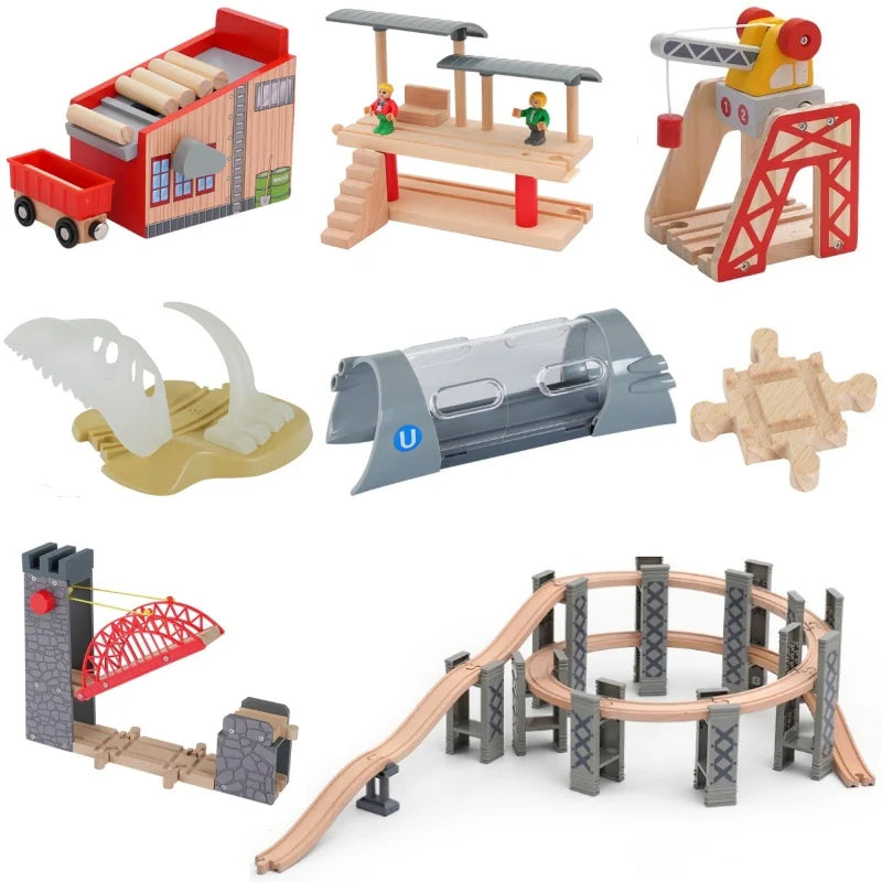Wooden Train Track Racing Railway Street Sign Toys Bridge Tunnel Track Accessories Wood Tracks Creative Toys For Children Gift