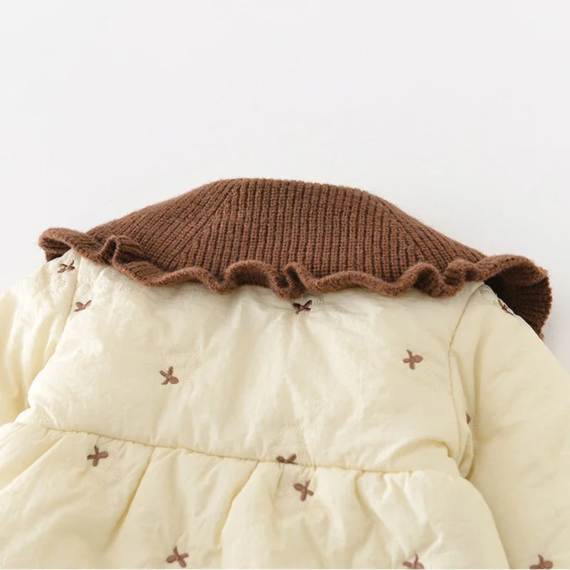 0-2 Y Winter Baby Girls Clothes Fur Lining Toddler Rompers Fur Lining Infant Girls Jumpsuits Bow Embroidery Outfit