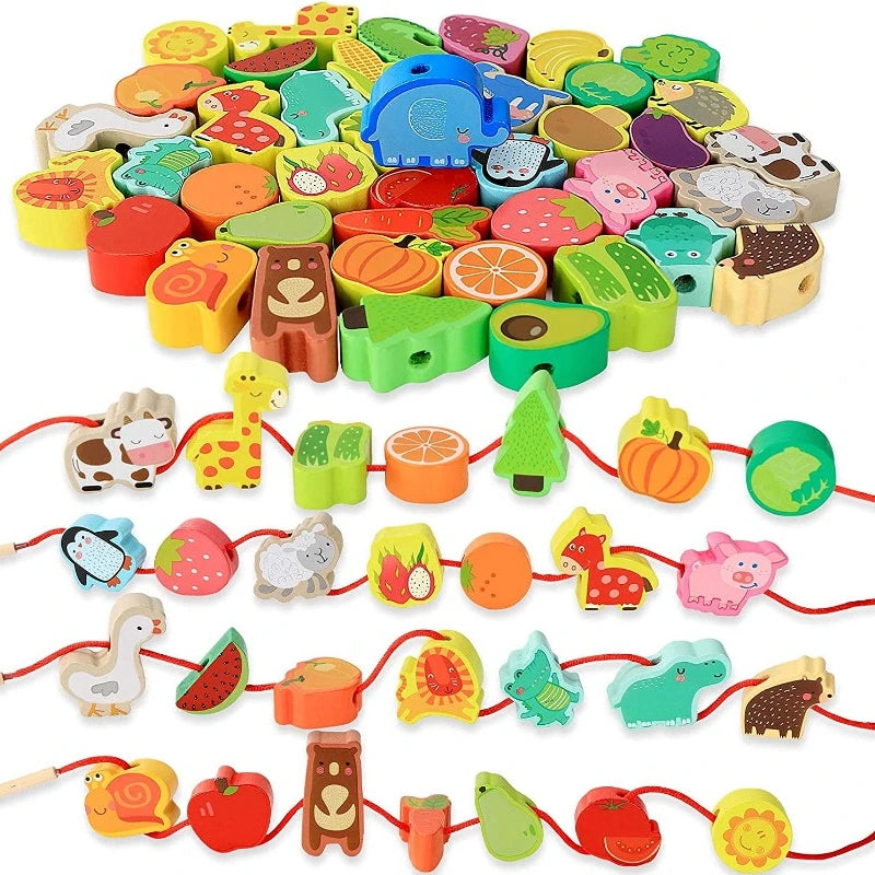 Monterssori Beaded Wooden Toys Baby Cartoon Fruit Animal Stringing Wooden Beads Toys Children's Educational Games