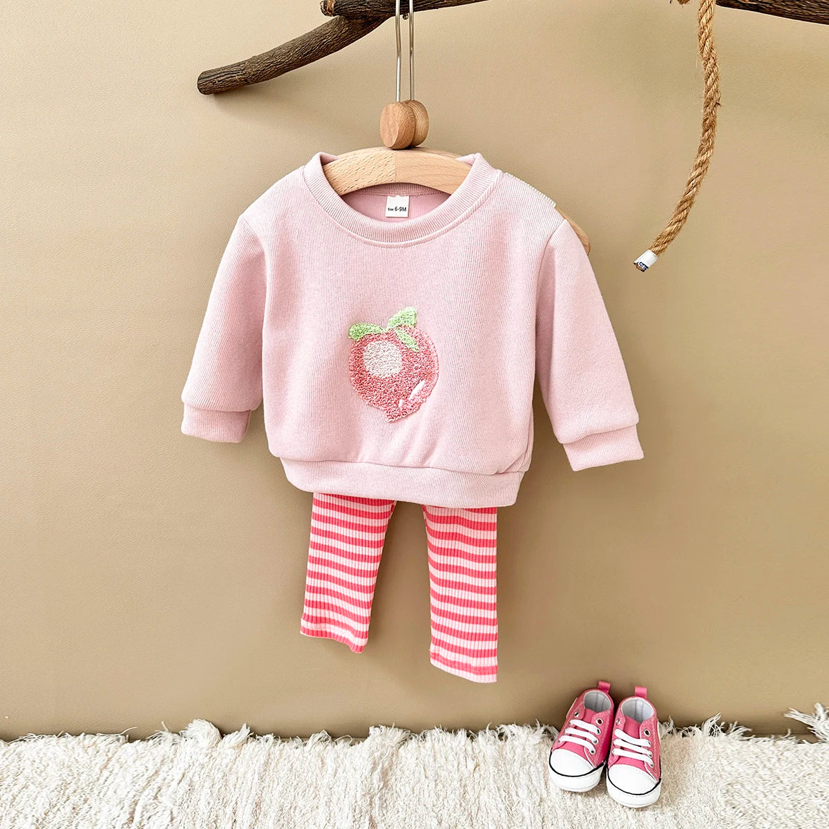 Baby Girl 2PCS Set – Long Sleeve Top & Pants, Cute Peach Autumn/Spring Outfit