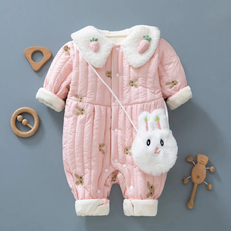 2PCS Winter Baby Clothes Newborn Romper 0-2Y Infant Girls Embroidered Bunny Padded Cotton Jumpsuit Toddler Outwear