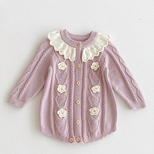 2025 New Autumn Children Clothes Infant Baby Girls Long Sleeved Splicing Knitted Jumpsuit Newborn Baby Knitted Bodysuits+Hat
