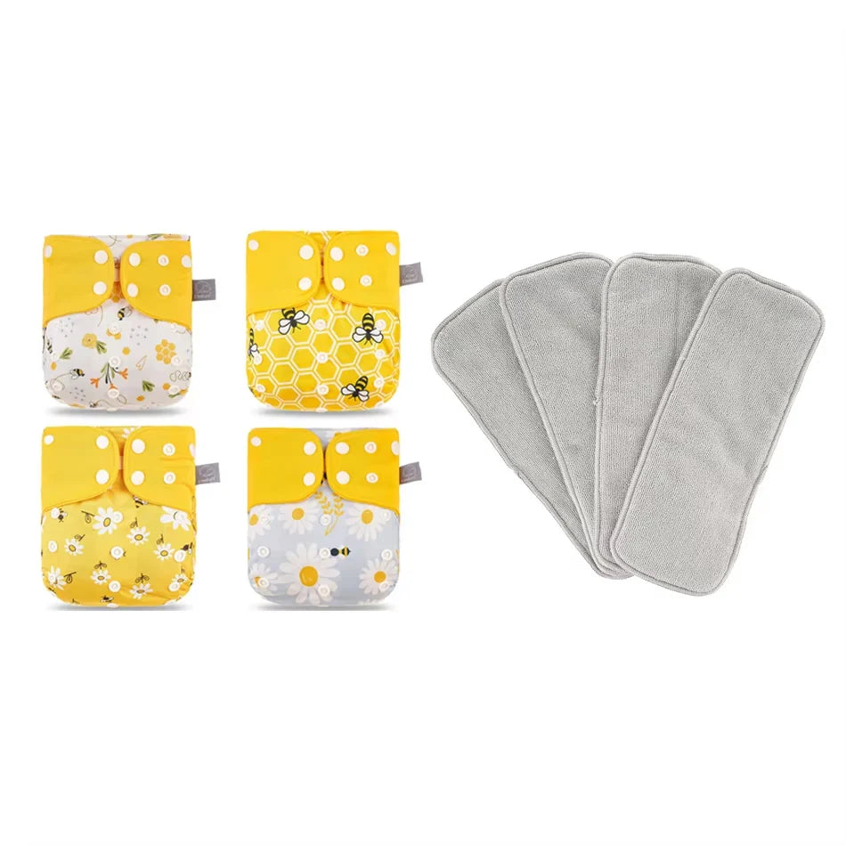 Washable Baby Diapers Set – 4 Cloth Nappies with Inserts, 3–15kg