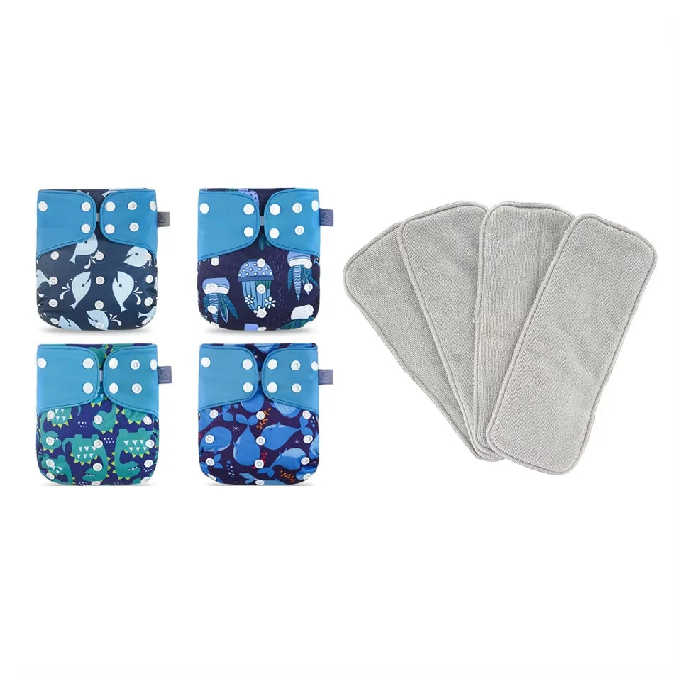 Washable Baby Diapers Set – 4 Cloth Nappies with Inserts, 3–15kg