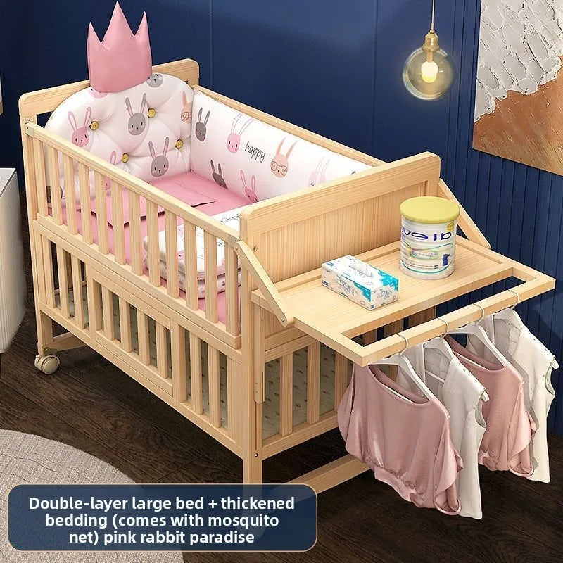 Solid Wood Baby Crib Convertible Toddler Bed Movable Newborn Bassinet Cradle Multi Functional Infant Bed For Babies Boys Girls