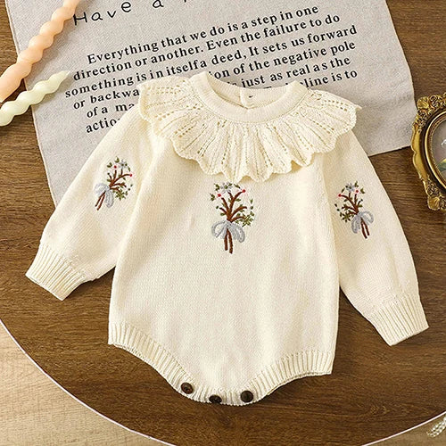 2025 New Autumn Children Clothes Infant Baby Girls Long Sleeved Splicing Knitted Jumpsuit Newborn Baby Knitted Bodysuits+Hat