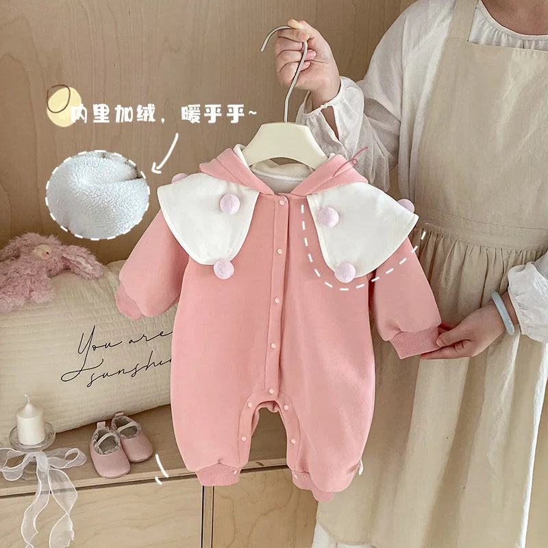 Combinaison bébé mignonne 0-2 ans, châle d'hiver super mignon avec bonnet en peluche, vêtements pour nouveau-né