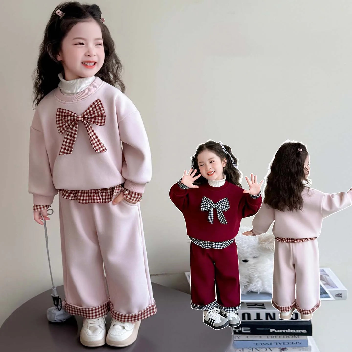 Korean Winter Children Girl Two-piece Clothes Set Plaid Bow Fleece Kid Girl Sweatshirt Outfit Baby Girls Straight Pant Tracksuit