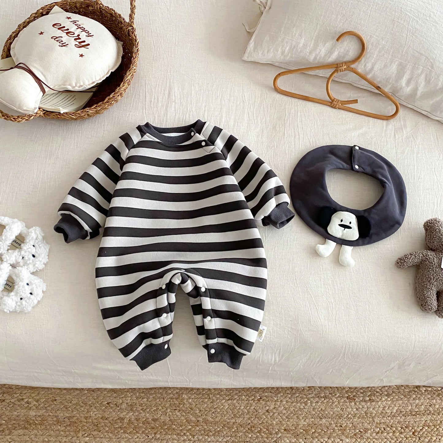 Baby Striped Jumpsuit 2025 New Winter Baby Doll Alpaca Fleece Crawling Suit Newborn Plush Clothes