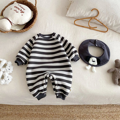Baby Striped Jumpsuit 2025 New Winter Baby Doll Alpaca Fleece Crawling Suit Newborn Plush Clothes