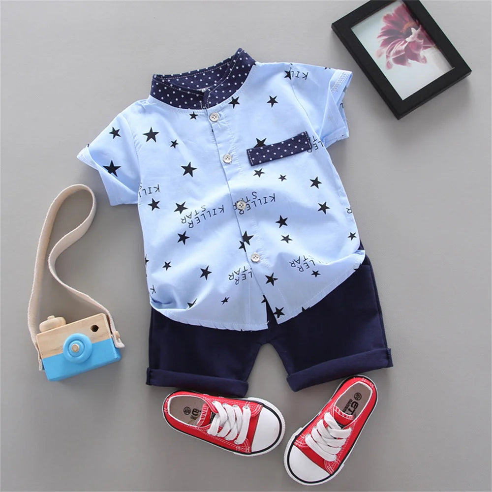 2PCS Baby Set Summer Fashion All over Five Point Star Pattern Standing Neck Short Sleeve Shorts Set