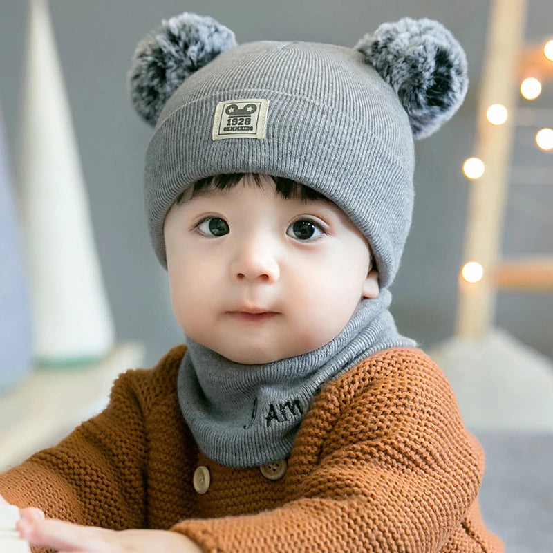 IYEAL   Winter Boys And Girls Lovely Knitted Hats Children's Hat +Neck scarf 2-Piece Set Baby Wool Hat Scarf Warm Thick Hat