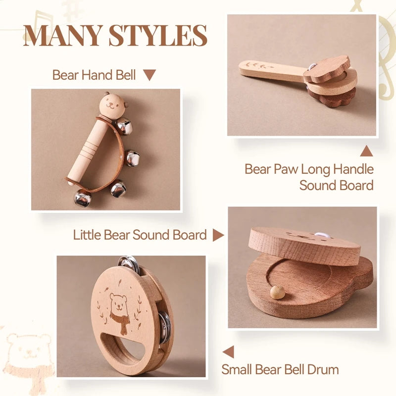 Wooden Musical Instrument Cartoon Bear Rain Drum, Castane,Rattle, Thumb Fiddle Baby Music Educational Toy Set Gift For Newborns