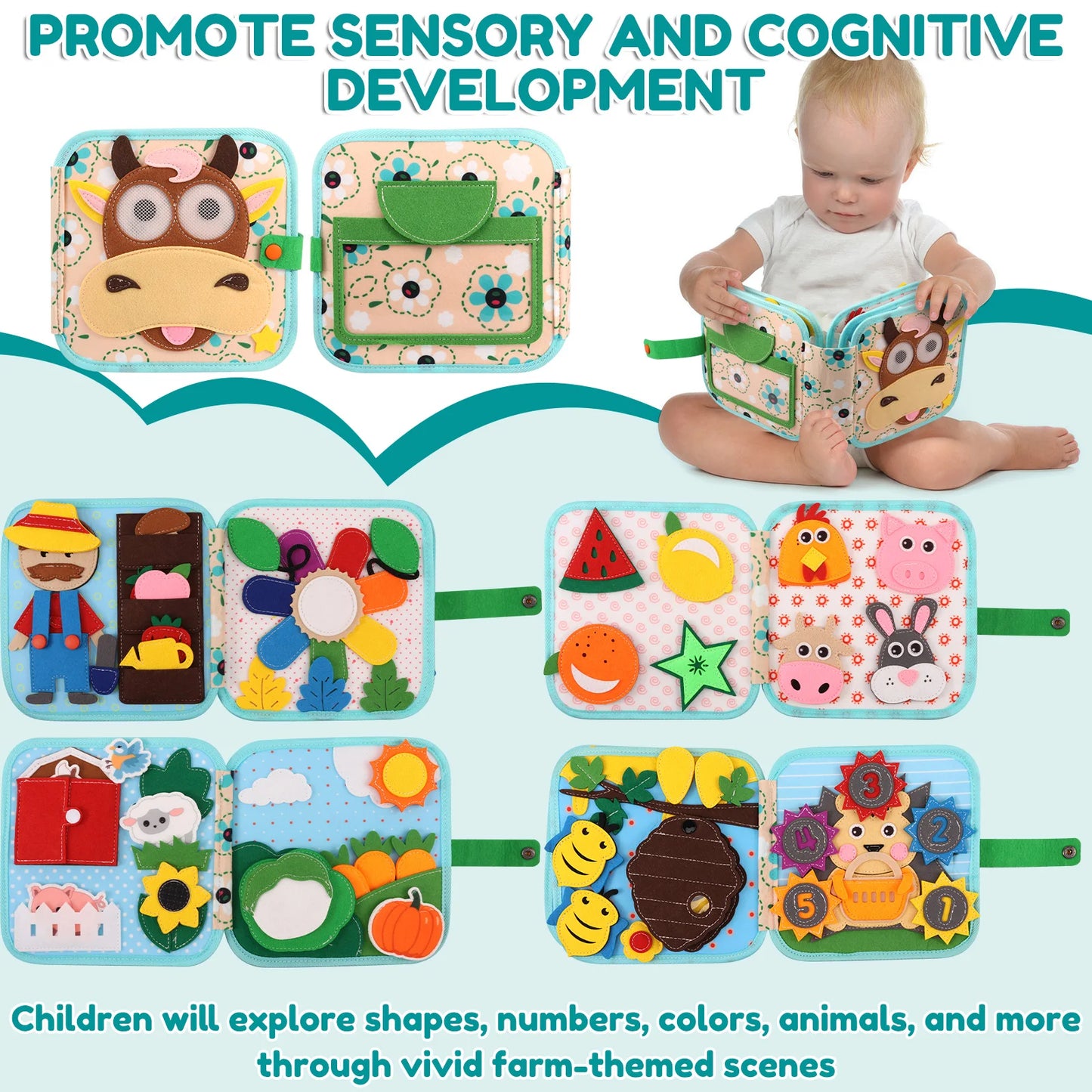 Farm Theme Busy Book for Toddlers 3D Felt Quiet Book for Preschool Learning Fine Motor Skills，Sensory  Activity Toy Kid Baby