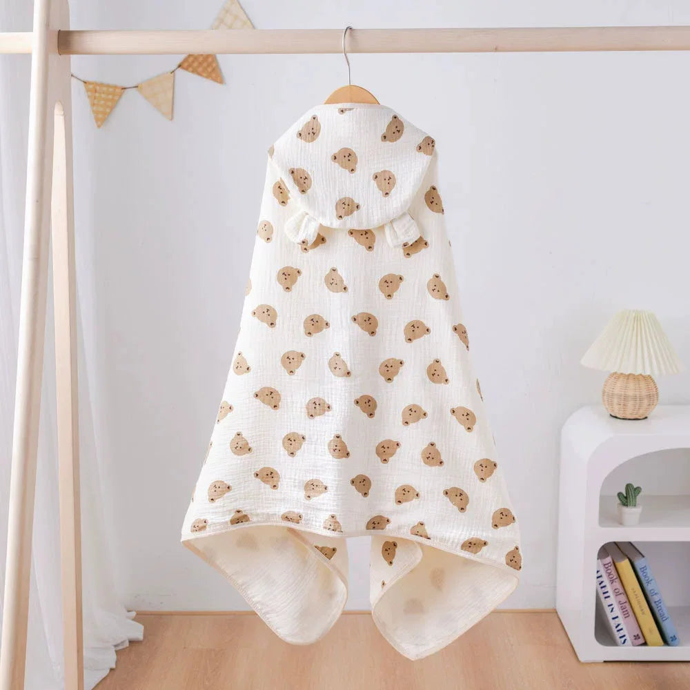 Soft Hooded Baby Bath Towel Cartoon Cloak  Super Absorbent Gauze Bathing Wrap for Newborn Infant Anti-Shedding & Skin-Friendly