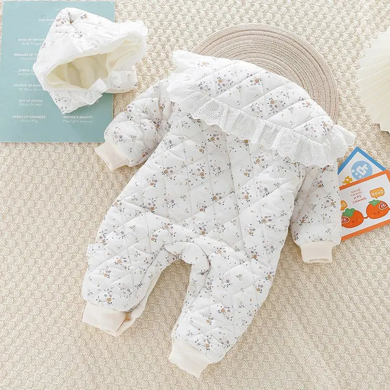 2PCS Set Baby Cute Floral Rompers Infant Diamond Flower Fleece Padded Jumpsuit with Hat 0-2T Toddler Thicken Outwear Clothes