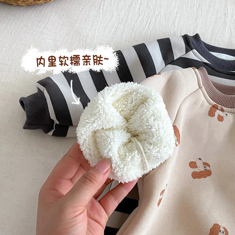 Baby Striped Jumpsuit 2025 New Winter Baby Doll Alpaca Fleece Crawling Suit Newborn Plush Clothes
