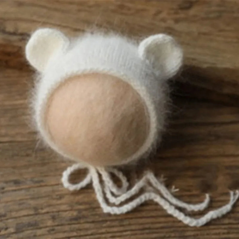 Fluffy Mink Thread Newborn Knit Hat with Ears Photo Prop