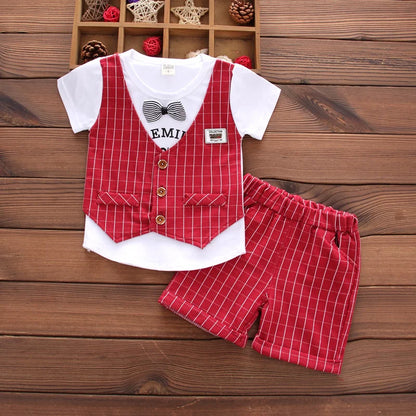 2PCS Baby Set Summer Children's Outgoing Plaid Gentleman Style Fake Two Piece Vest Short Sleeve Shorts Set