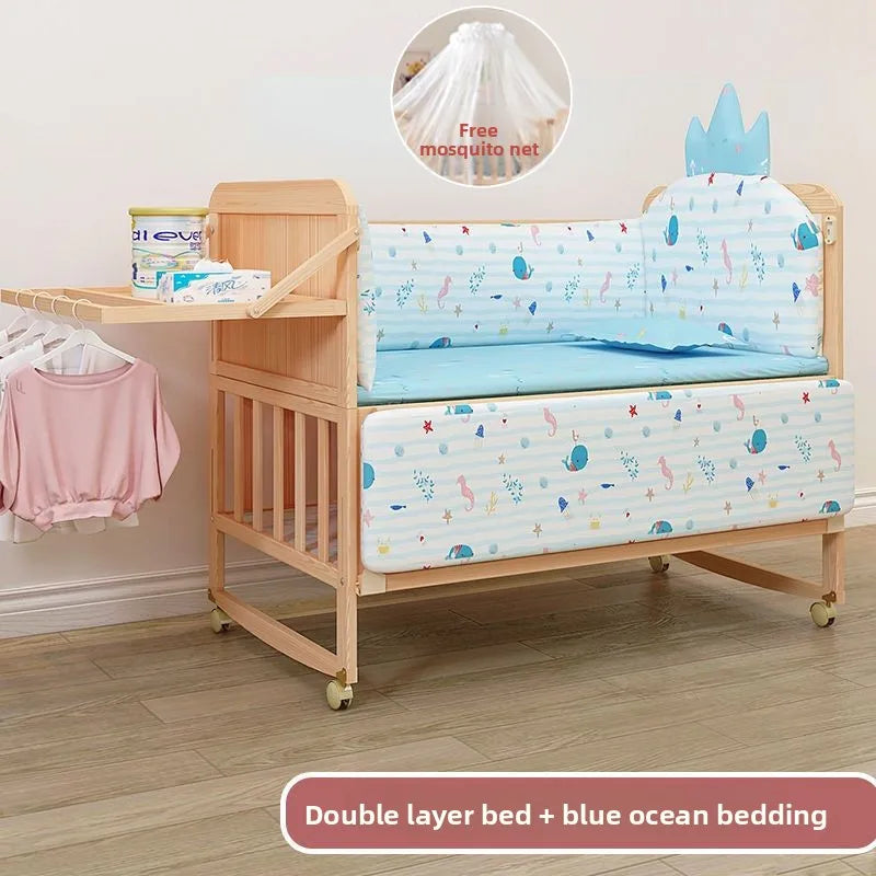 Solid Wood Baby Crib Convertible Toddler Bed Movable Newborn Bassinet Cradle Multi Functional Infant Bed For Babies Boys Girls
