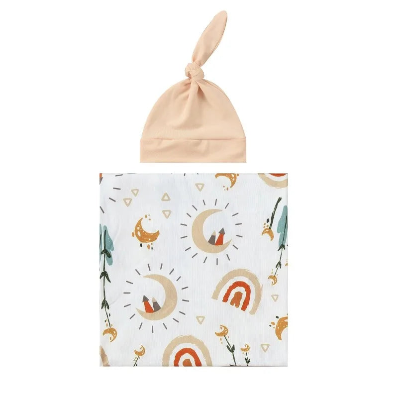 Organic Muslin Swaddle&Hat Set-Boho Rainbow Newborn Photography Props for Unisex Baby Boys&Girls,Birth Announcement Photo bebe
