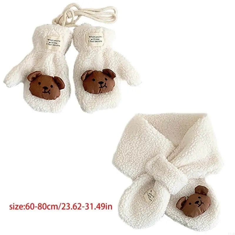 Y4UD Cosy Lamb Wool Kids Scarf and Gloves Set Baby Winter Essential with Cartoon Bear Designing for Warmth In Cold Weather