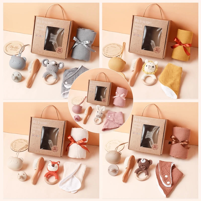 Baby Bath & Milestone Gift Set – Towel, Rattle, Pacifier & Cards
