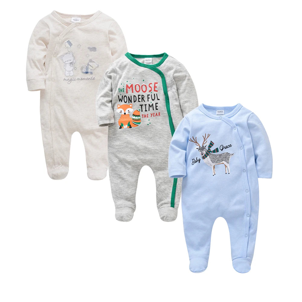 Kavkas 3 Pcs/lot Baby Boy Rompers 0-12M 100% Cotton Newborn Long Sleeve Clothes Cartoon Print Girls Items