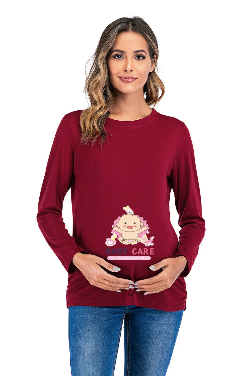 New Maternity Carton Long-sleeved Tees Solid Color 0 Neck Casual Loose Pregnancy Clothing Fashion Women's Pregnancy Long Sleeve
