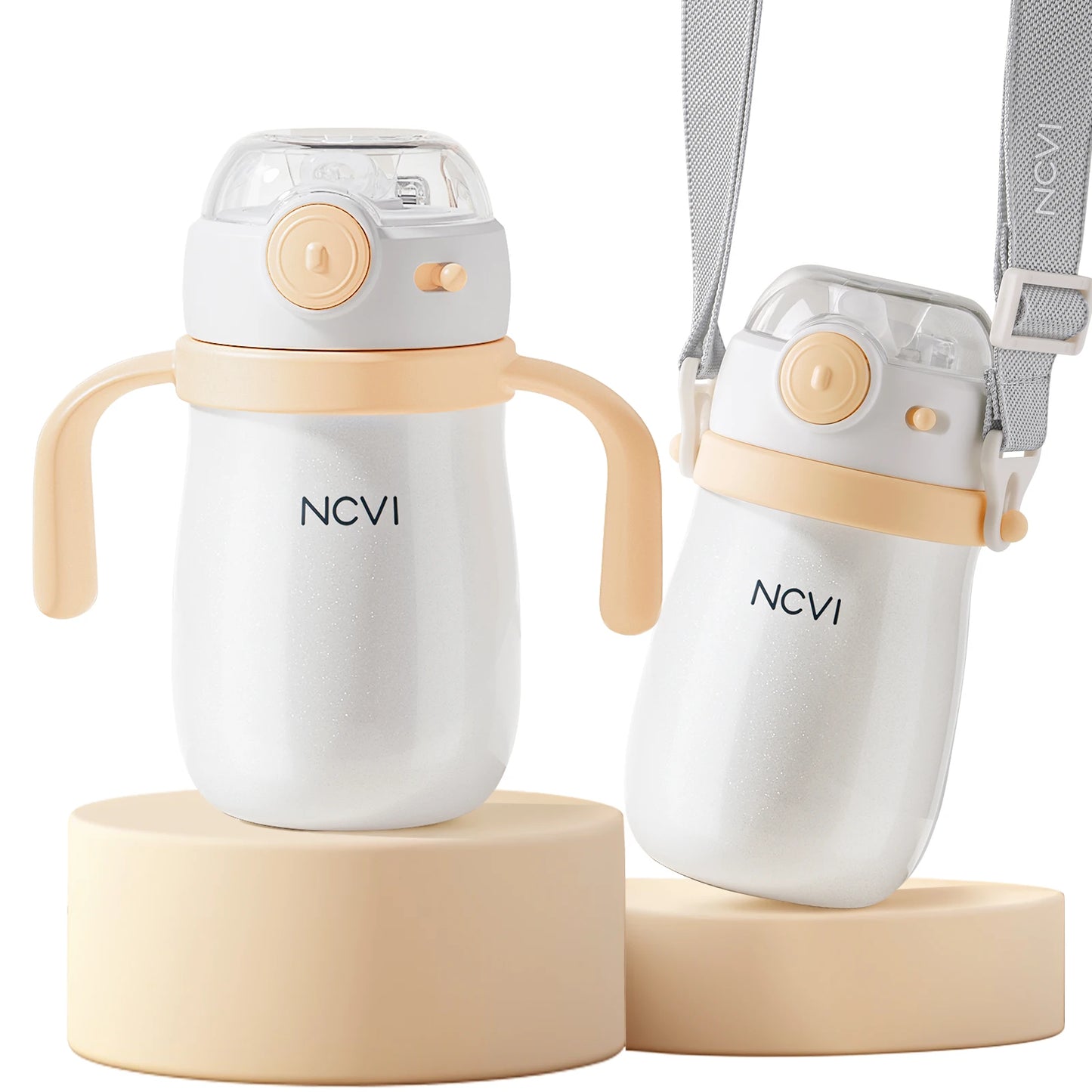 NCVI Kids Stainless Steel Straw Cup for Toddler 1-3 Years Old, Blue 10floz, BPA-Free, Easy to Clean, Adjustable Shoulder Strap