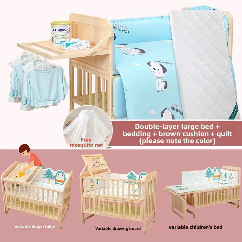Solid Wood Baby Crib Convertible Toddler Bed Movable Newborn Bassinet Cradle Multi Functional Infant Bed For Babies Boys Girls