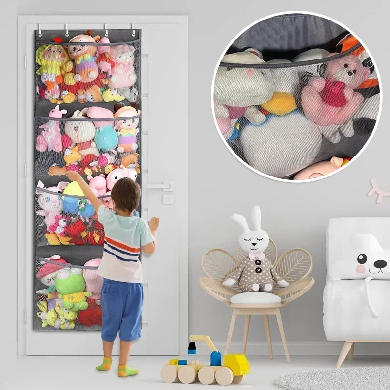 New Stuffed Storage Bag Over The Door Stuff Animals Organizer Hanging Mesh Bags 4 Large Pockets for Baby Plush Toys Kids Storage