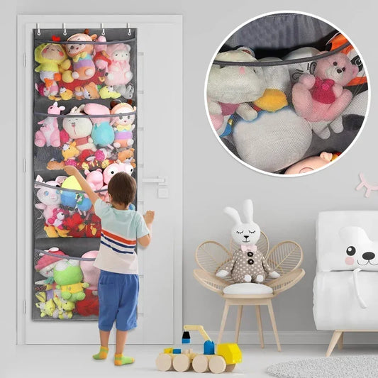 New Stuffed Storage Bag Over The Door Stuff Animals Organizer Hanging Mesh Bags 4 Large Pockets for Baby Plush Toys Kids Storage