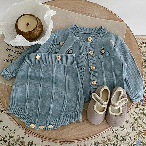 Autumn Winter Toddler Baby Girl Knitting Clothes Suit Floral Embroidery Cardigan+Jumpsuit Infant Baby Girls Knitted Clothing Set