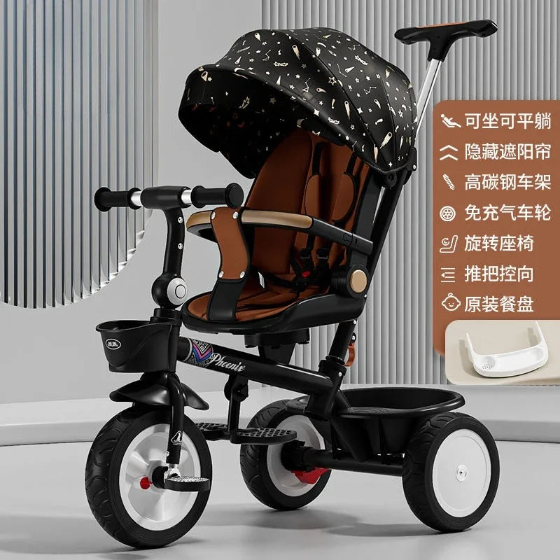 Premium Baby Tricycle 1-6 Years Old Kids Parent Push Handle Large Seat Adjustable Canopy Safety Belt Ride Outdoor Stroller Bike