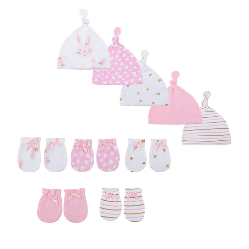 Unisex Cotton Newborn Baby Hat and Gloves Set 10Pieces