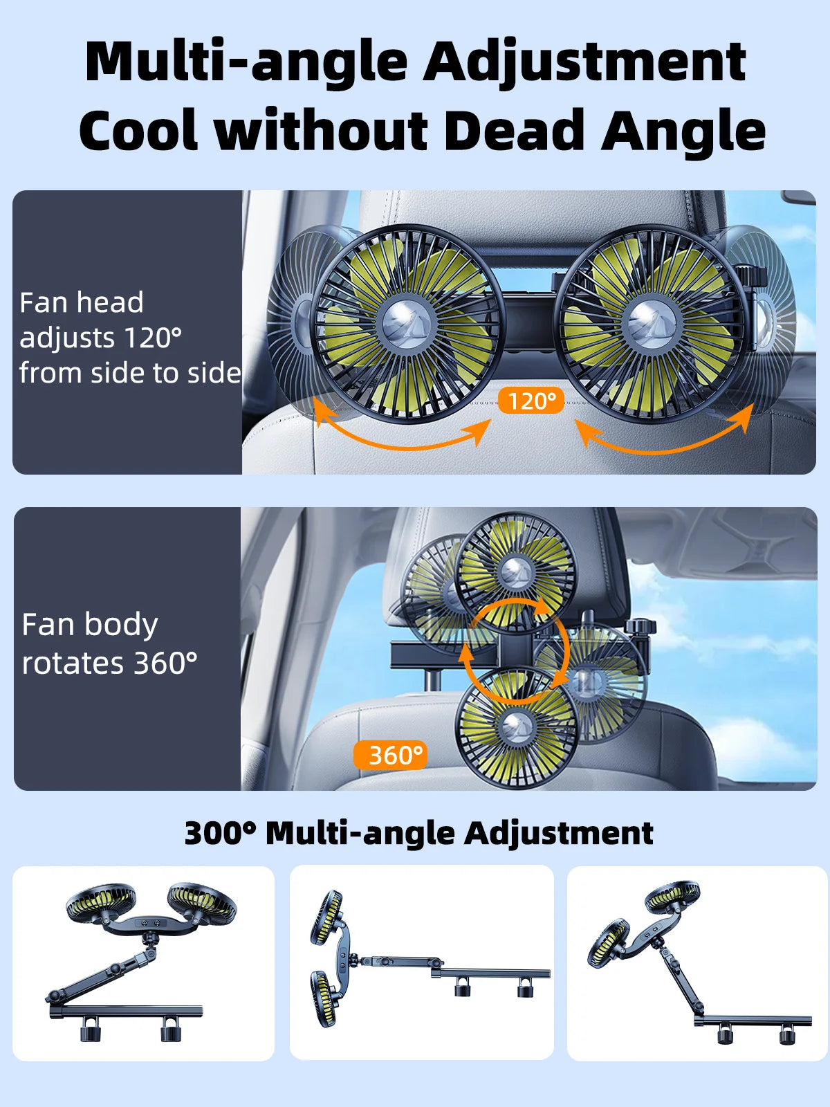 Eary Car Dual-Head Fan Mount For Backseat Rear Seat Headrest USB Charge Long Arm Adjustable 3-Speed Wind Air Cooling Fan For Kid