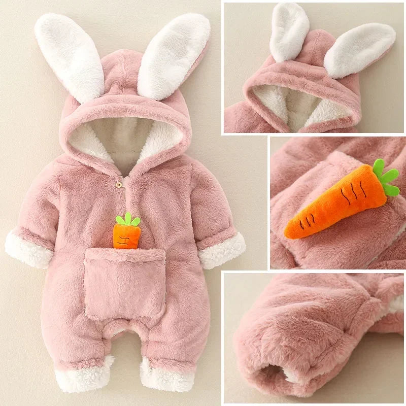 Warm Coral Fleece Baby Romper – Cute Rabbit Design