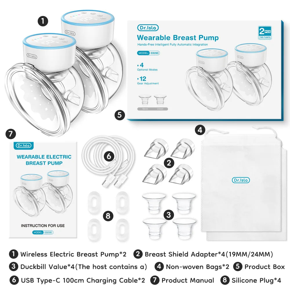 Dr.Isla 2Pcs Portable Wearable Electric Breast Pump 4 Modes