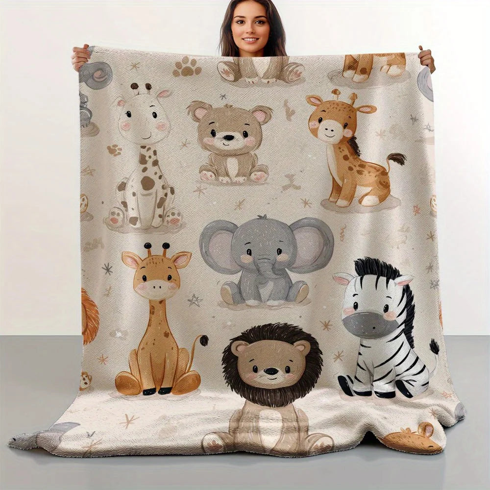 "Adorable Safari Animals Blanket, Soft Fleece with Giraffe, Elephant, Lion and Zebra for Kids Room Decor"