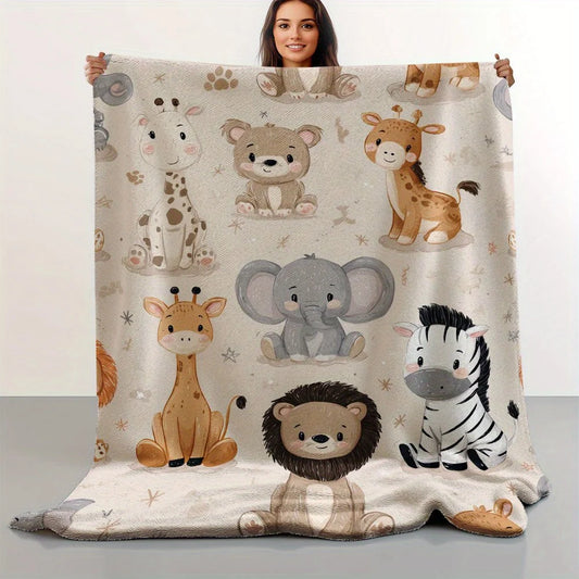 "Adorable Safari Animals Blanket, Soft Fleece with Giraffe, Elephant, Lion and Zebra for Kids Room Decor"