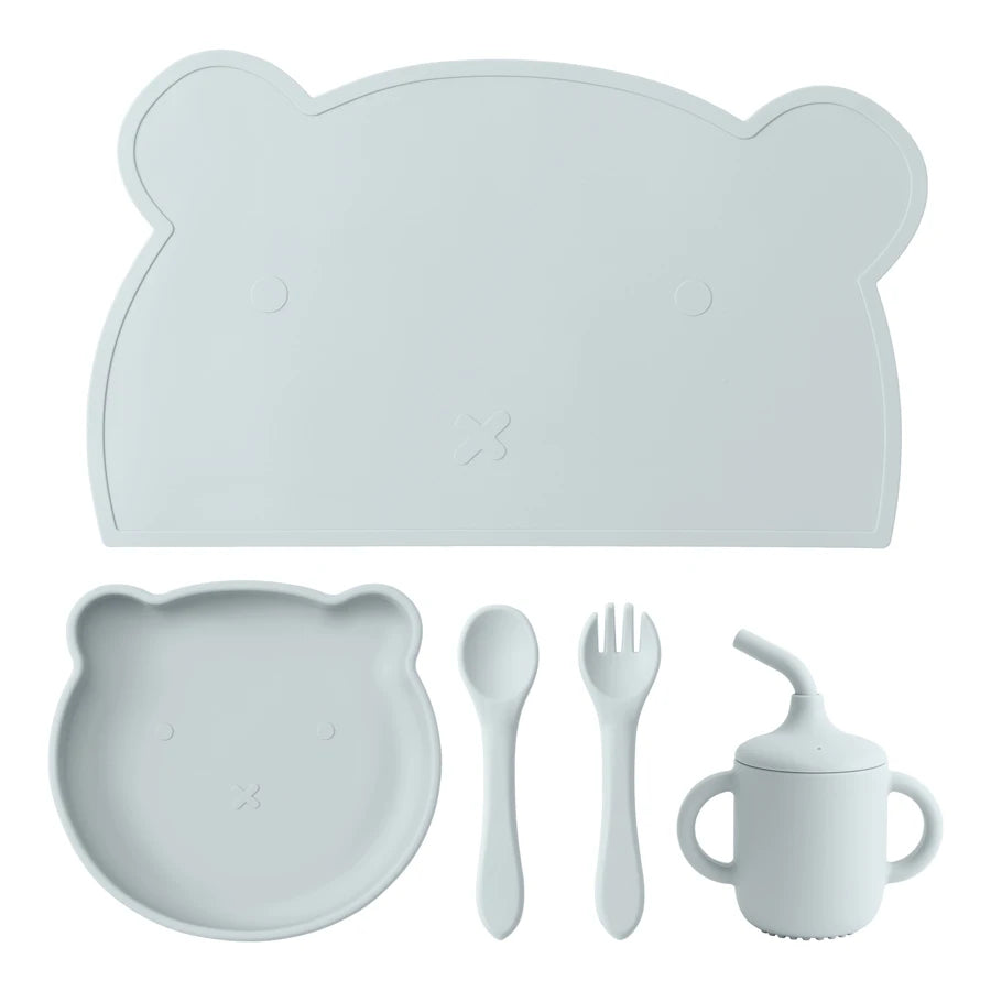 5PCS Baby Silicone Tableware Waterproof Placemat Soft Spoon Fork Suction Baby Dishes Sippy Cup Feeding Training Baby Dinner Set