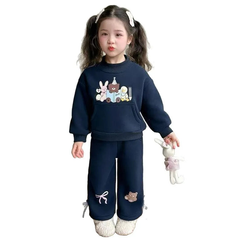 Children Girls Winter Outfits Kid Girls Animal Printed Fleece Sweatshirt 2PCS Clothes Bow Hem Velvet Warm Infant Babys Girl Pant